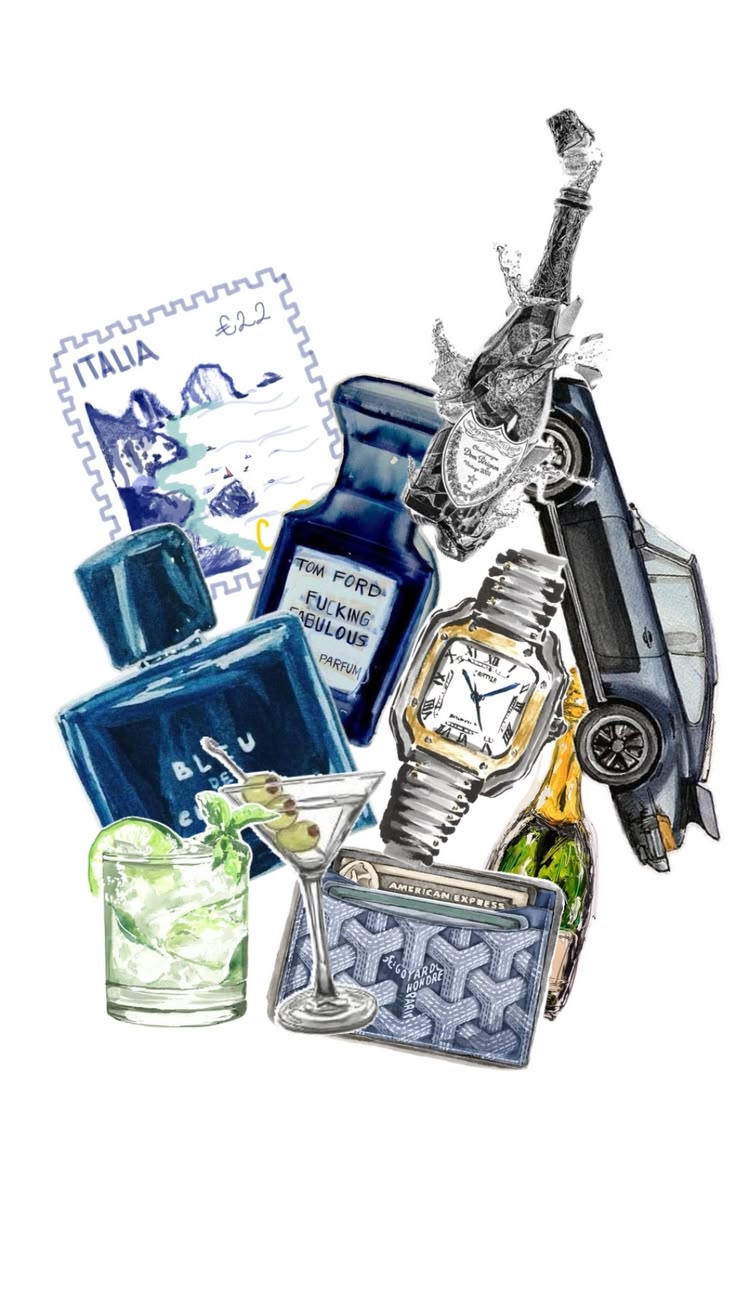 Ilustração com perfumes, relógio, champanhe, drinks, carro clássico e selo da Itália