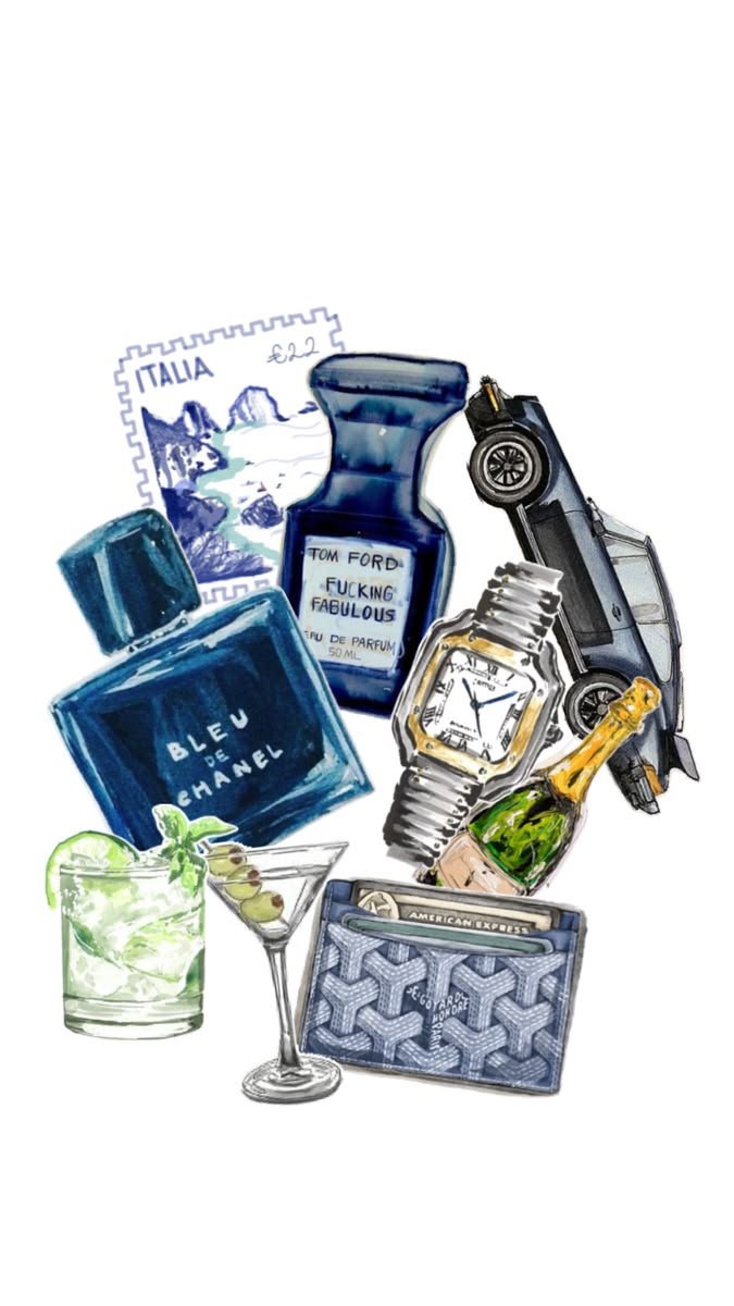 Ilustração com perfumes, relógio, champanhe, drinks, carteira e carro clássico
