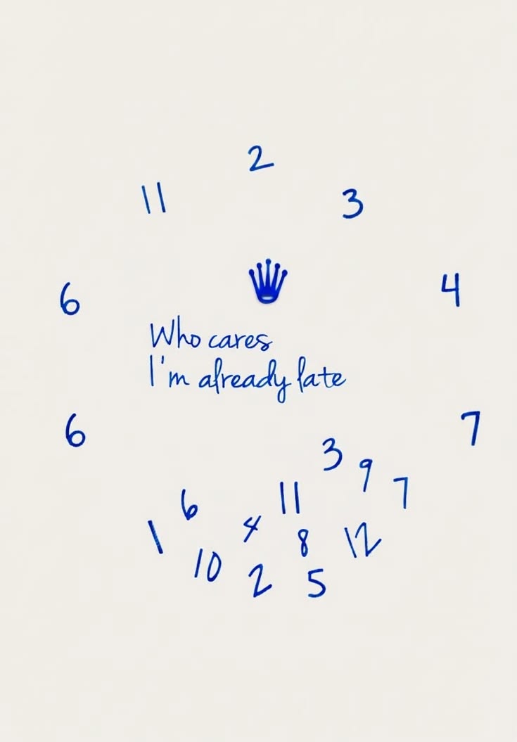 Ilustração de números de relógio espalhados em azul com a frase "Who cares, I'm already late"