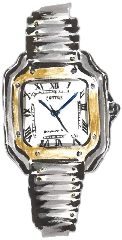 Ilustração em aquarela de um relógio de pulso dourado e prateado
